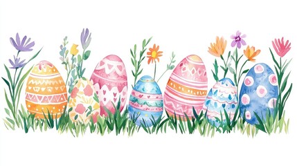 Colorful Easter Eggs Surrounded by Flowers and Green Grass