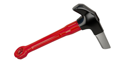 Hammer Tool: A close-up studio shot of a durable, modern hammer with a bright red handle and a contrasting black head, showcasing the tool's robust design.