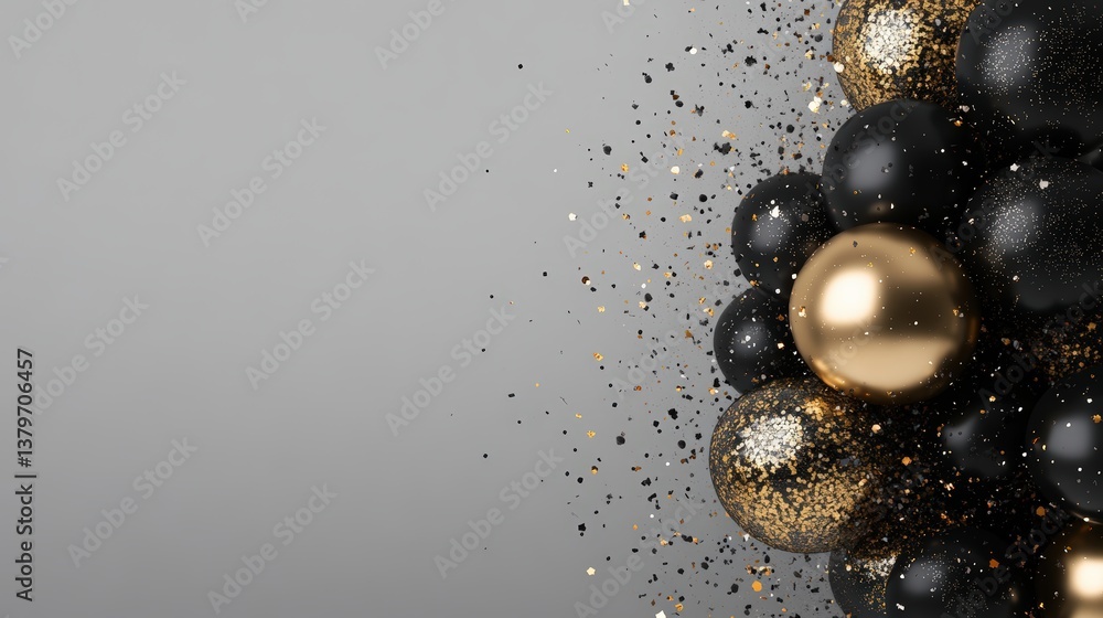 Poster a cluster of black and gold spheres with glittering accents on a gray background, creating a festive