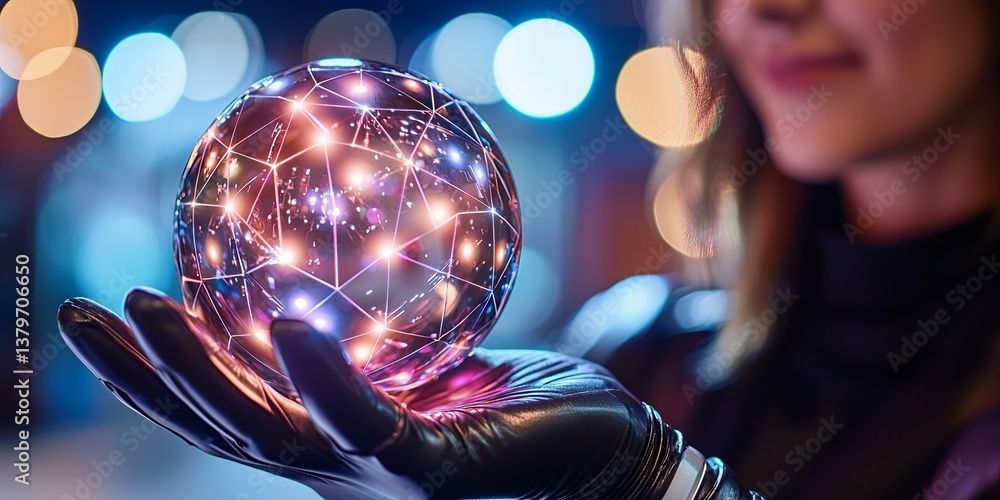 Poster a woman s gloved hand delicately cradled a pulsating sphere of light, its intricate polygonal surfac