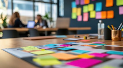 Colorful Sticky Notes on Wooden Desk, Blurred Business Meeting Background