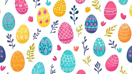 Colorful Easter Eggs and Floral Elements on White Background