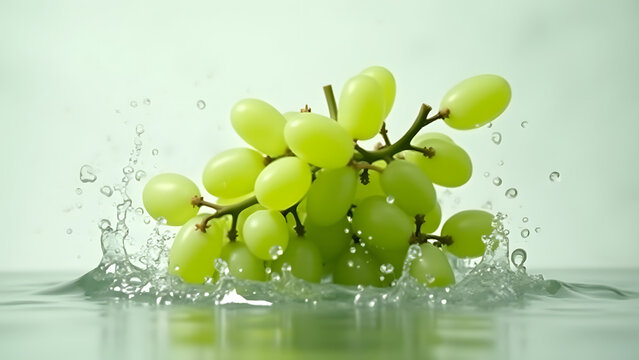 Green grapes hit water like buckshot, creating multiple droplet crowns. Marble backdrop highlights translucent skins under ring flash’s crisp lighting.