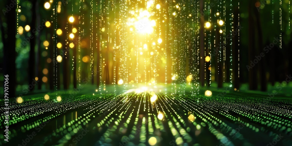 Poster A verdant river of binary code, flowing with the hues of emerald and amber, symbolizing the advanced technology of virtual artificial intelligence coding, encryption, and
