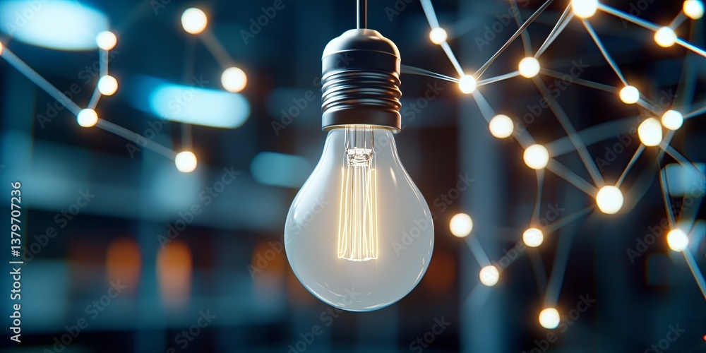 Poster a sleek, white lightbulb, its filament humming with gentle energy, is enshrouded in a network of int