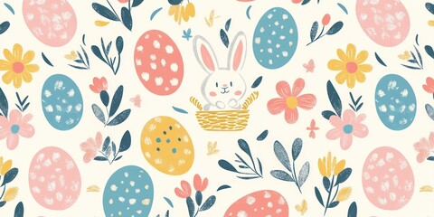 Cute Easter Bunny with Colorful Eggs and Flowers for Spring Vibes