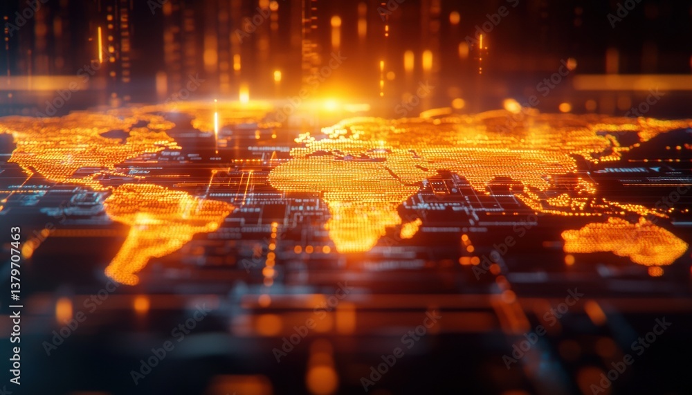 Poster digital world map illuminated with orange lights, depicting global connectivity through technology a