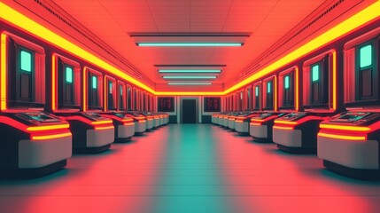 Futuristic room with glowing technology, featuring rows of machines and vibrant lighting in a high-tech environment.