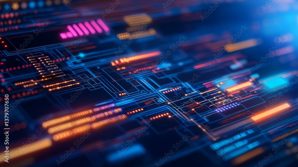 Poster abstract digital circuit board with glowing lines and nodes, showcasing technology in motion