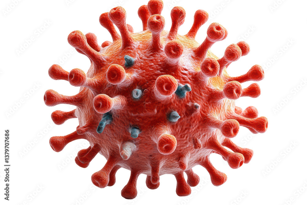 Poster 3d rendering of a virus, with a detailed structure and vibrant colors, isolated on a white backgroun