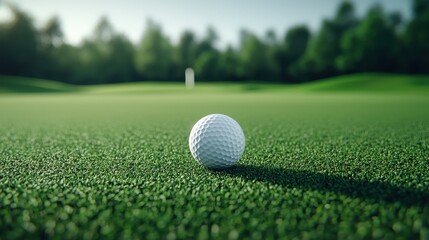 A close up view of a white golf ball resting on the lush green putting surface of a golf course with a flagstick visible in the distance