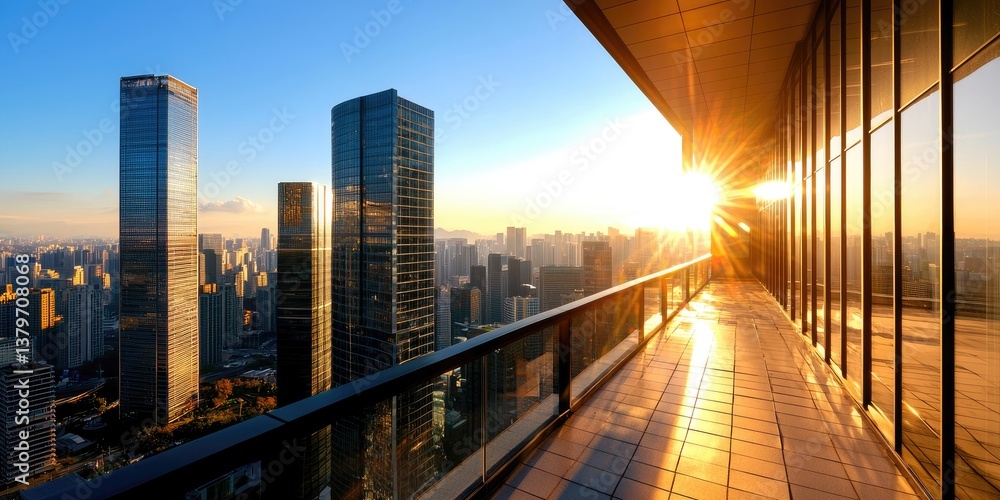 Poster a panoramic view from the ground floor of a towering skyscraper, revealing a sea of gleaming glass f