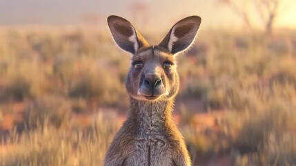 Fototapeta premium A kangaroo standing tall in the Australian outback, with its ears perked up and a blurred desert landscape behind it.