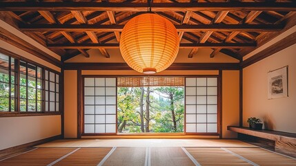 Japanese interior room, serene view, wooden beams, paper lantern