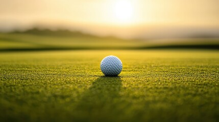 A close up view of a golf ball sitting on the pristine manicured grass of a picturesque golf course surrounded by a peaceful natural landscape