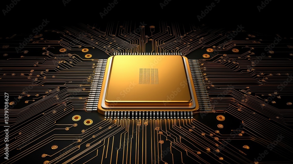 Poster intricate gold processor chip on a complex circuit board, closeup view of modern technology
