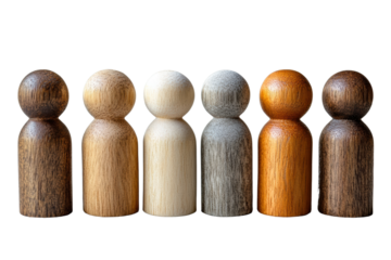 A row of wooden figurines in various colors, representing diversity and unity on a white isolate background.