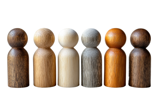 A row of wooden figurines in various colors, representing diversity and unity on a white isolate background.