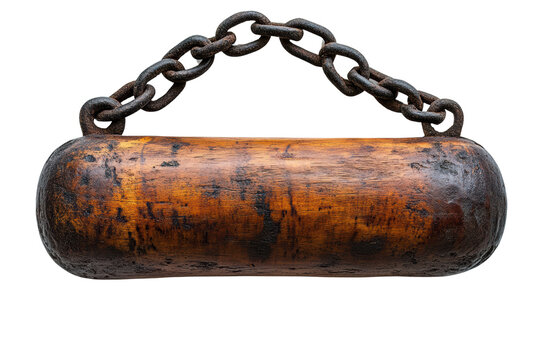 A rustic, weathered wooden log with a metal chain attached, isolated on a white background.