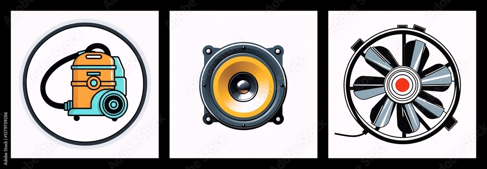Poster three icons in square frames show a vacuum cleaner in a circle, a speaker, and a fan, representing d