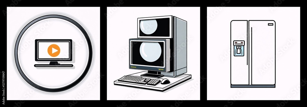 Poster Three panels present a play button on a screen, a dual monitor computer setup, and a refrigerator. These are common household and electronic objects.