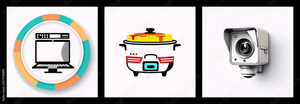 Poster three squares show: a computer monitor in a colorful circle, a rice cooker with food inside, and a w