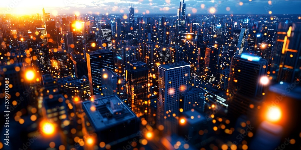 Poster A cityscape pulsates with a network of interconnected devices, forming a dynamic web that connects individuals and infrastructure, symbolizing the future of urban living.