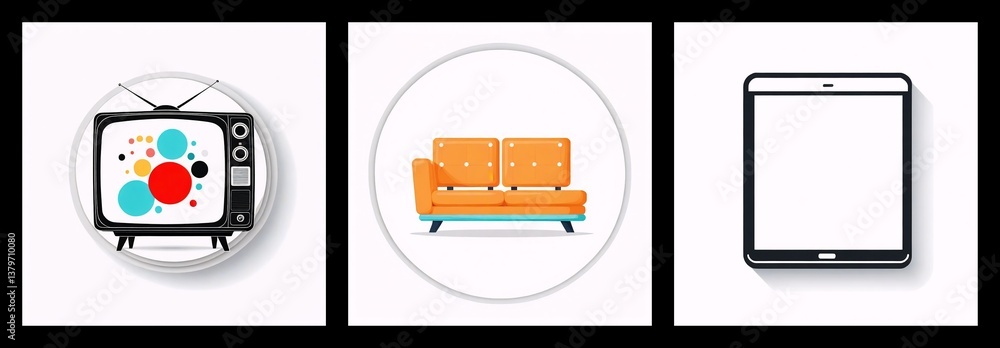 Poster Three images in a row depict a retro TV with antenna and circles, an orange sofa, and a blank tablet on a white background.