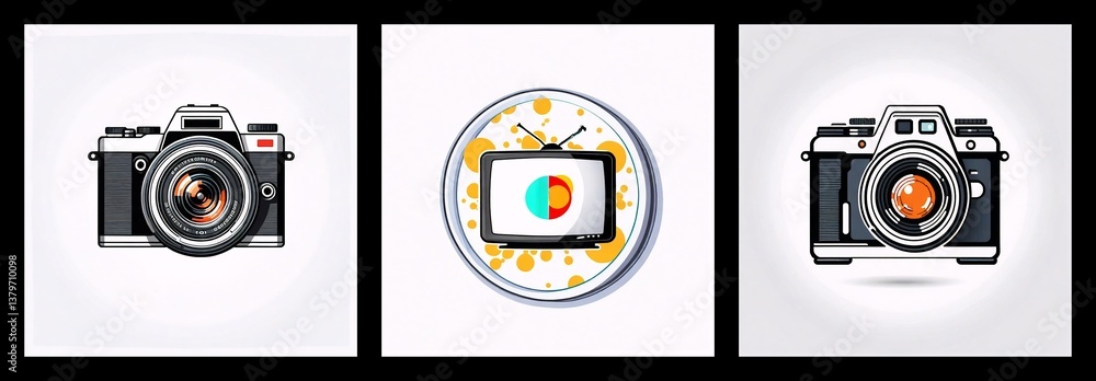 Aufkleber three icons depicting media and technology. two vintage cameras flank a retro television set with a 