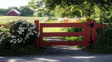 Obraz premium Bright Red Wooden Gate Leading into Lush Green Farm with Colorful Flower Beds