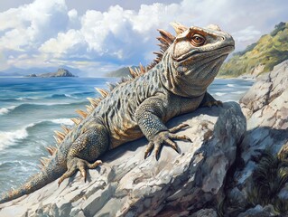 Iguana Resting on Rock Near Beach Coastline with Clouds Painting