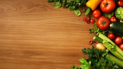 Fresh assortment of colorful vegetables arranged on a wooden table, perfect for healthy cooking