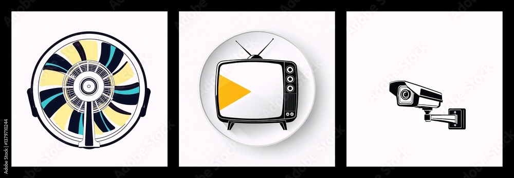 Aufkleber Three icons depict different devices: a fan, a retro television with an arrow on screen, and a security camera, all in a simple vector style.