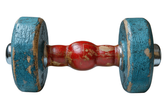An old, rustic dumbbell with a blue and red design, isolated on a white background.