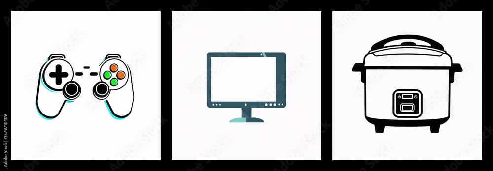 Poster three squares display a game controller, computer monitor, and rice cooker. each object is in a simp
