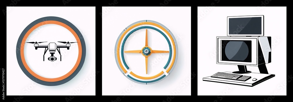 Poster three icons showcase drone, navigation compass, and computer setup, representing technology, directi