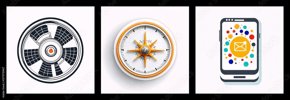 Poster Three square icons: a radial segmented circle, a compass pointing direction, and a smartphone displaying an email icon with colorful dots.