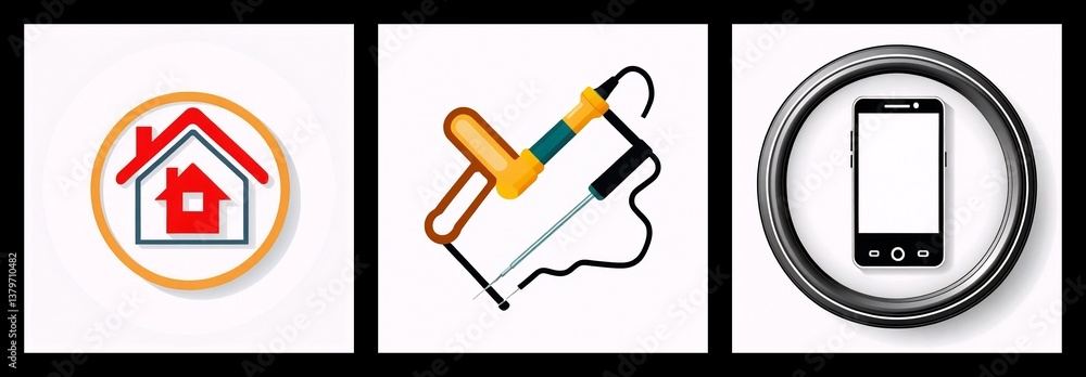 Poster three icons depict a house within a circle, a soldering iron with wires, and a smartphone encased in