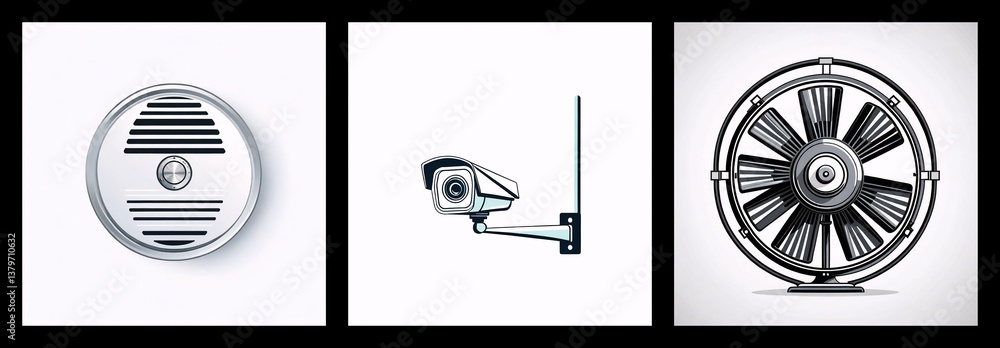 Aufkleber Three icons set in a row show a speaker with sound waves, a security camera, and a round fan with blades, all in a gray and white color scheme.