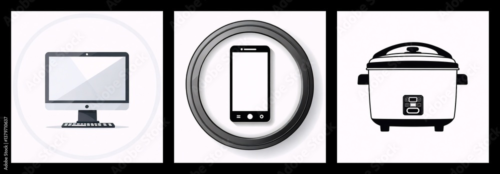 Poster three icons depict digital devices and a kitchen appliance on white backgrounds. a computer, smartph