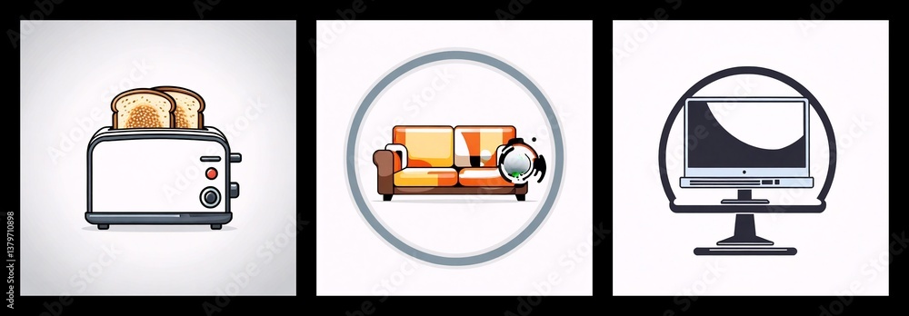 Aufkleber three icons show a toaster with bread, a sofa with a robot vacuum, and a computer monitor. kitchen, 