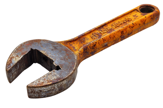 Close-up of a rusted adjustable wrench on a white isolate background. Perfect for industrial-themed projects.