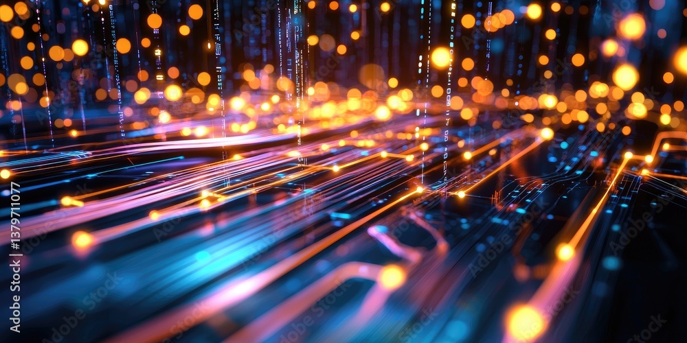 Poster a vibrant tapestry of interconnected nodes, representing the global flow of digital information, pul