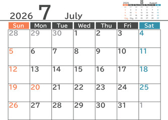 シンプルなデザインの2026年7月のマンスリーカレンダー素材