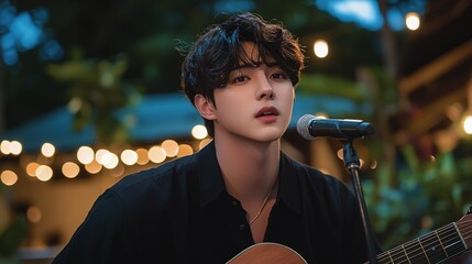 A young man performs music with his acoustic guitar