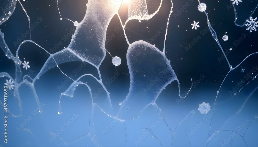 Wall mural close up of a frosted window with snow flakes