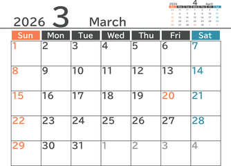 シンプルなデザインの2026年3月のマンスリーカレンダー素材