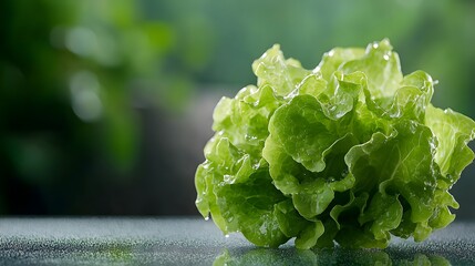 Fresh Crisp Green Lettuce Head Sitting on a Reflective Surface with Water Droplets