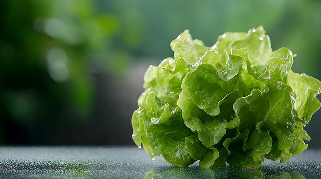 Fresh Crisp Green Lettuce Head Sitting on a Reflective Surface with Water Droplets