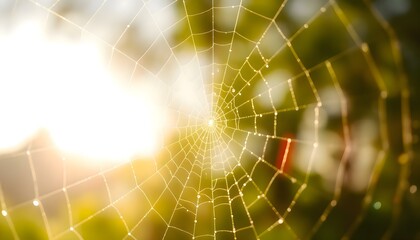 close up of a spider web with the sun in the background